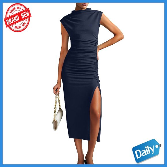Mock Neck Ruched Bodycon Midi Dress for Wedding Guest & Cocktail Parties -  www.confineg.com